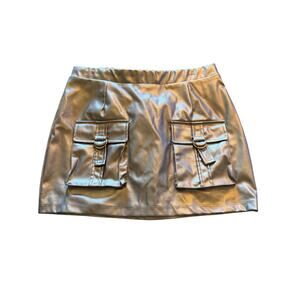 Shiny Gold Pleather Mini Skirt w/ Flap Cargo Pockets Buckles - Y2K Festival